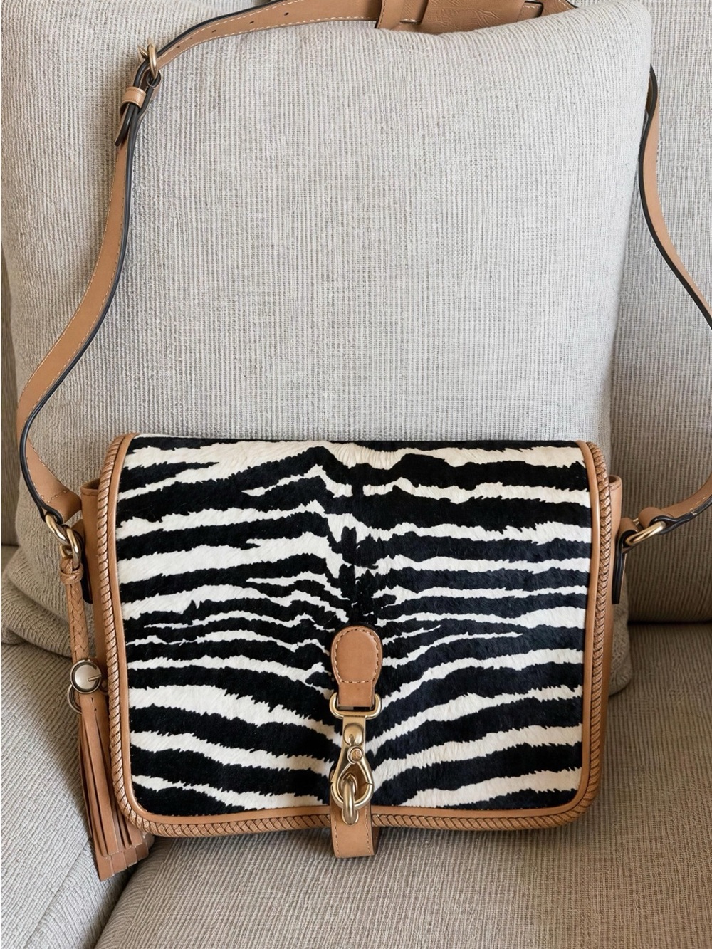 Gucci Tan Leather Trim Zebra Print Crossbody Bag